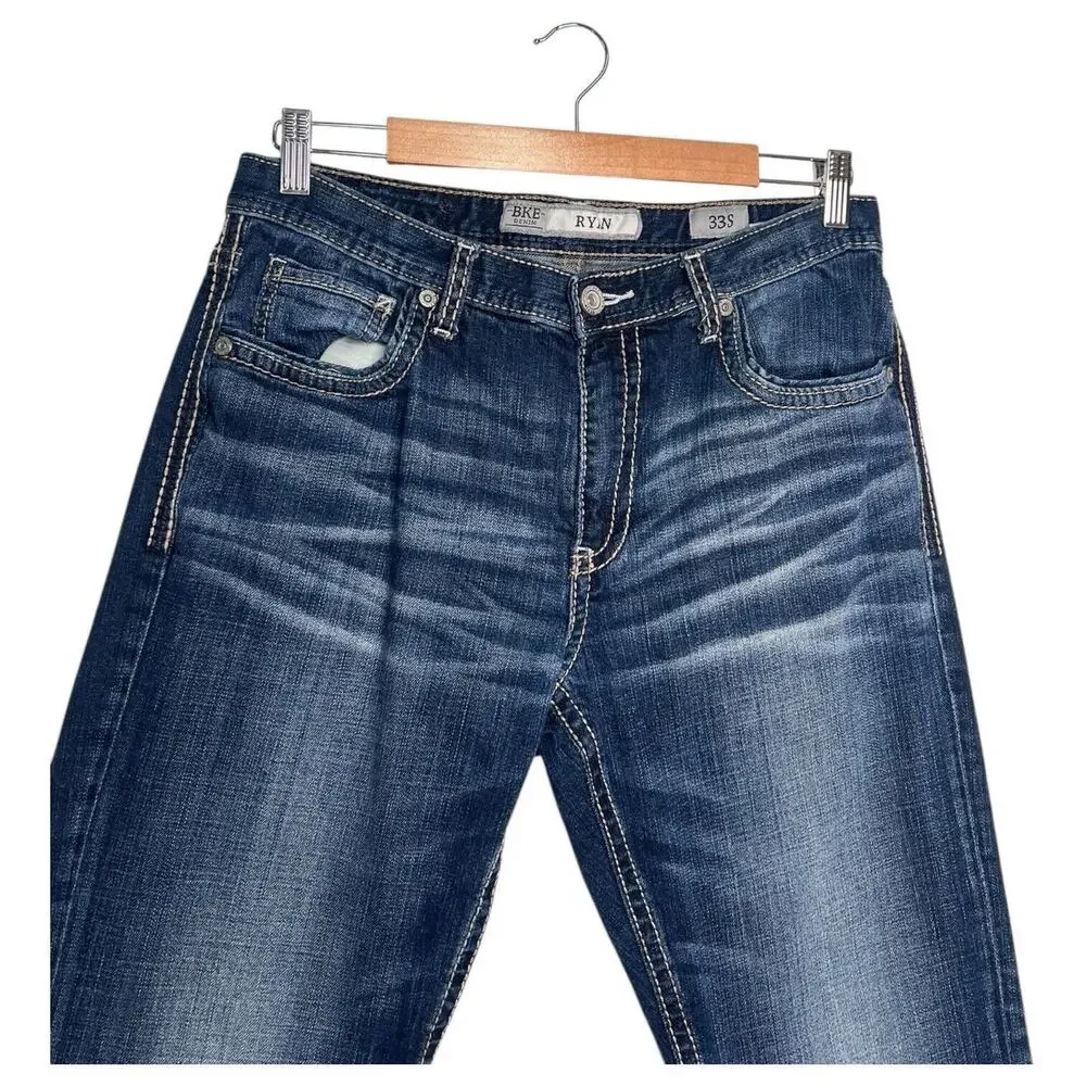 BKE Buckle Jeans Mens 33 Short Ryan Straight Embroidered Wiskering AVM3007 Blue